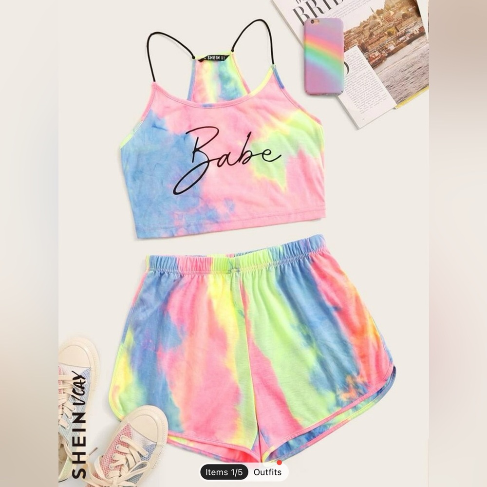Cute tye dye pj set. Racer back top and shorts both size small